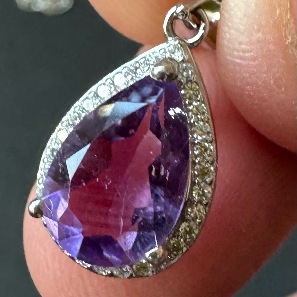 Elegant Purple amethyst & zircon Teardrop Pendant in sterling silver